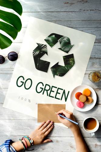 manual go green poster on wooden table